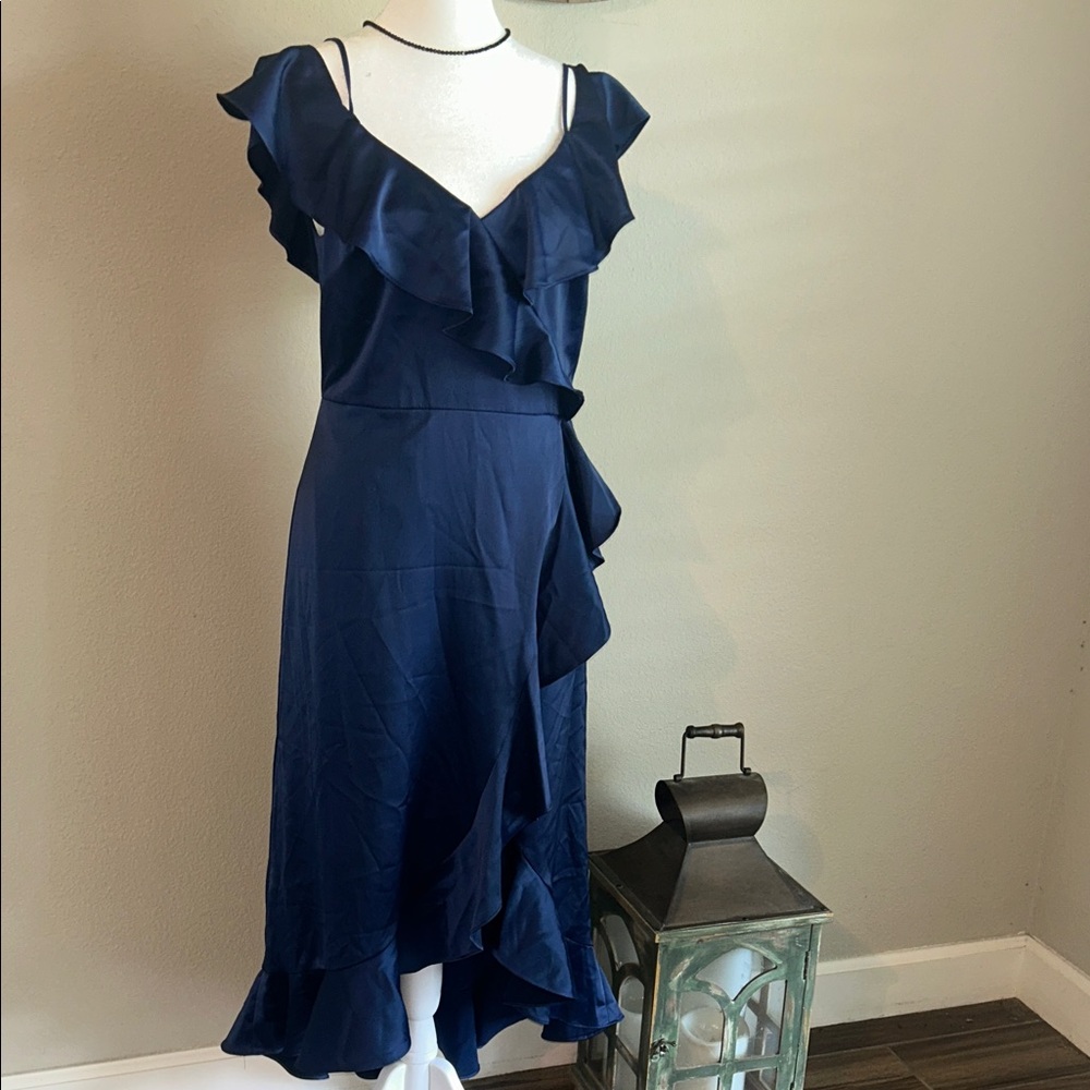 Maggy London Navy High Low Ruffle Dress
